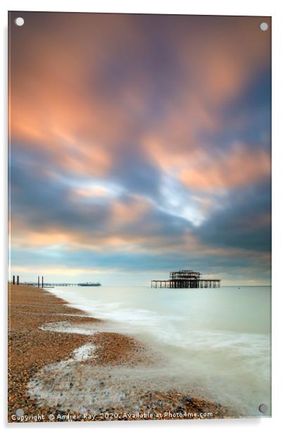 Brighton Piers at sunrise Acrylic by Andrew Ray