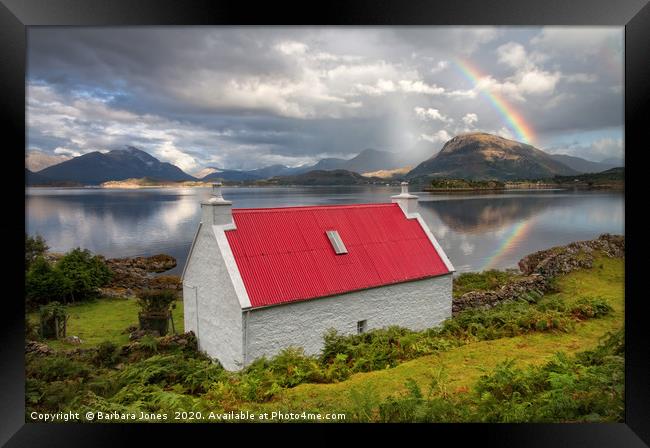 Red Roofed Cottage and Rainbow  Torridon Framed Print by Barbara Jones
