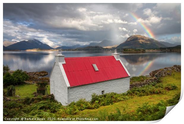 Red Roofed Cottage and Rainbow  Torridon Print by Barbara Jones