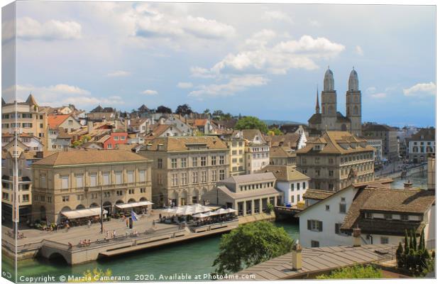 High angle view of Limmat river in old town Zurich Canvas Print by Marzia Camerano