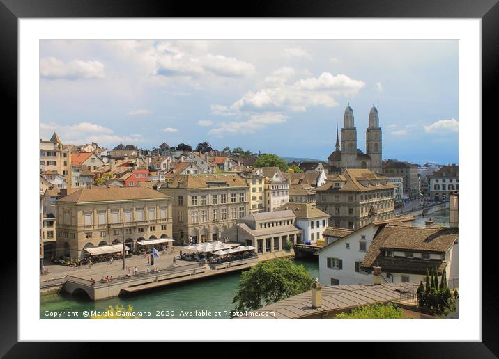 High angle view of Limmat river in old town Zurich Framed Mounted Print by Marzia Camerano