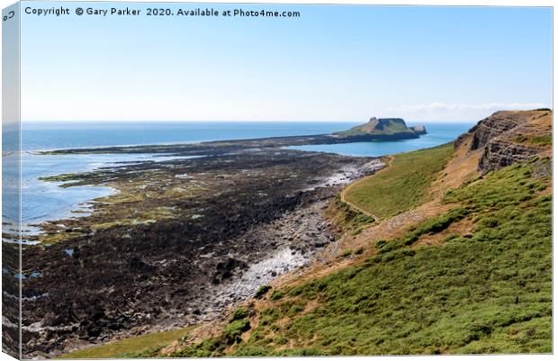 Worms Head, from the Wales Coastal Path.  Canvas Print by Gary Parker