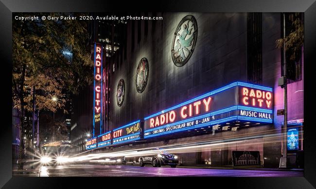 Radio City, New York, at night Framed Print by Gary Parker