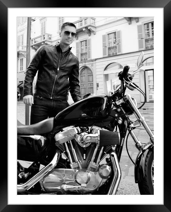 View of a man on the motorcycle with a leather jac Framed Mounted Print by M. J. Photography