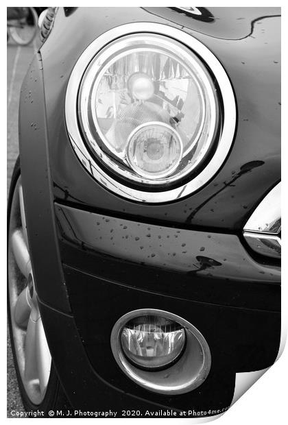 car, flashers, fog lights on The Mini Cooper S  Print by M. J. Photography