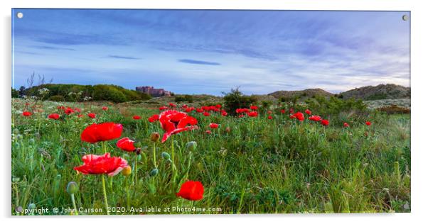 Bamburgh castle poppies. Acrylic by John Carson