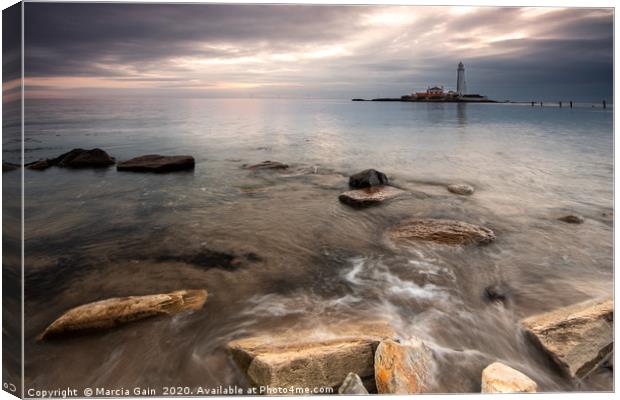 St Mary's lighthouse at sunrise Canvas Print by Marcia Reay