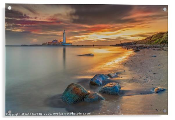 St Mary's Lighthouse Sunrise. Acrylic by John Carson