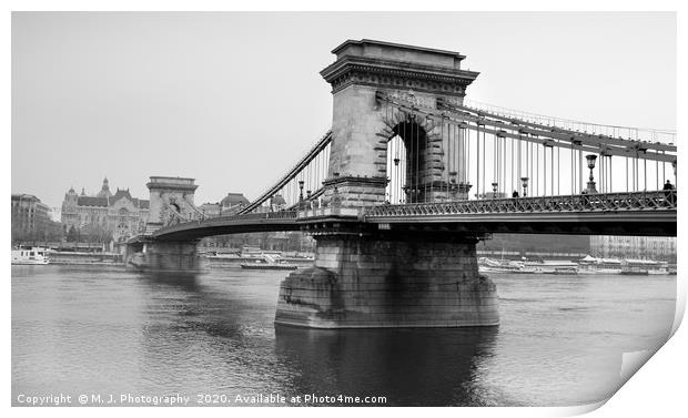 Chain bridge on danube river in Budapest - Hungary Print by M. J. Photography
