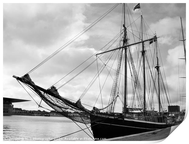 Vintage sail ship in black and white couple hundre Print by M. J. Photography