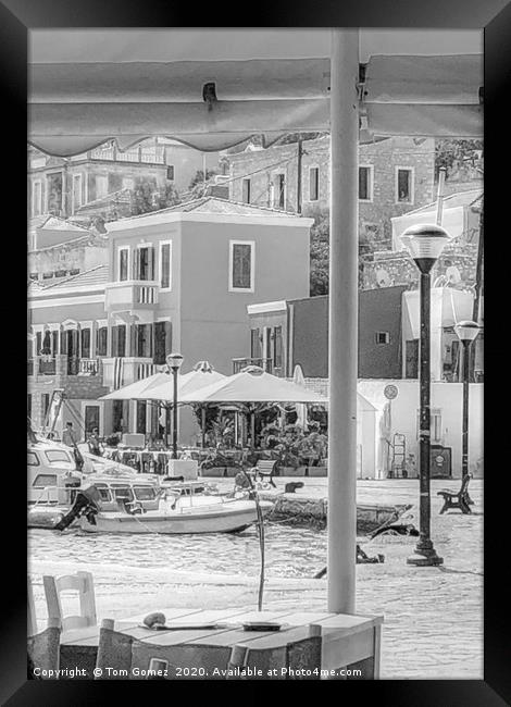 Halki Waterfront - B&W Framed Print by Tom Gomez