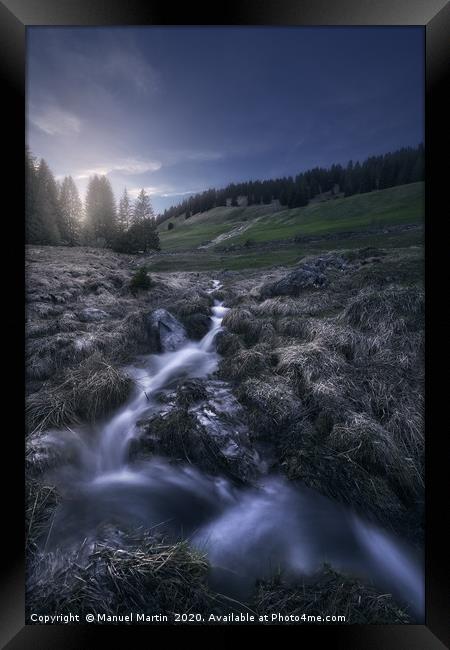 Small mountain stream in twilight Framed Print by Manuel Martin