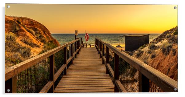 Sunset boardwalk to Praia da Falesia beach Acrylic by Naylor's Photography