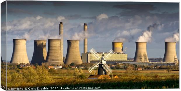 West Burton Power Station and Leverton Windmill. Canvas Print by Chris Drabble