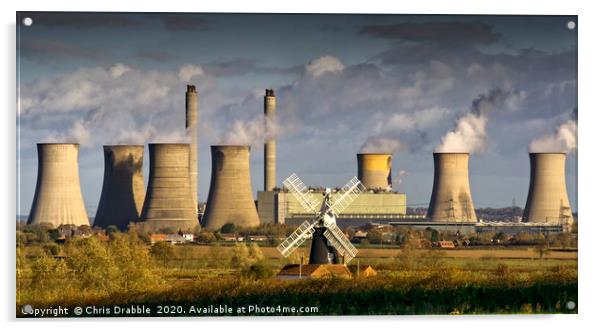 West Burton Power Station and Leverton Windmill. Acrylic by Chris Drabble
