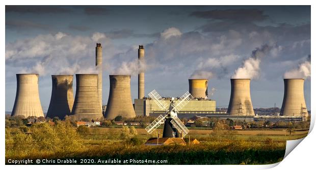West Burton Power Station and Leverton Windmill. Print by Chris Drabble
