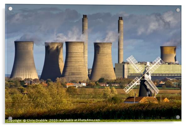 West Burton Power Station and Leverton Windmill Acrylic by Chris Drabble