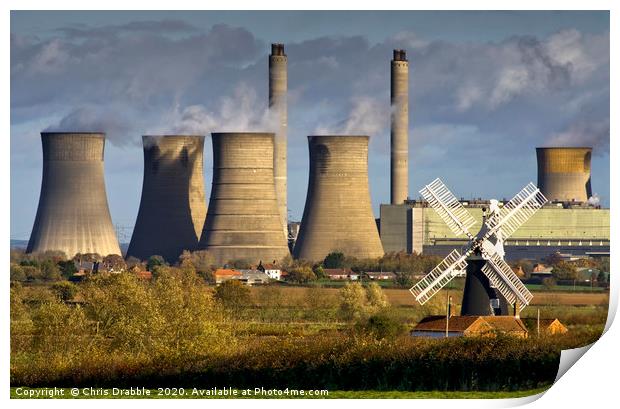 West Burton Power Station and Leverton Windmill Print by Chris Drabble