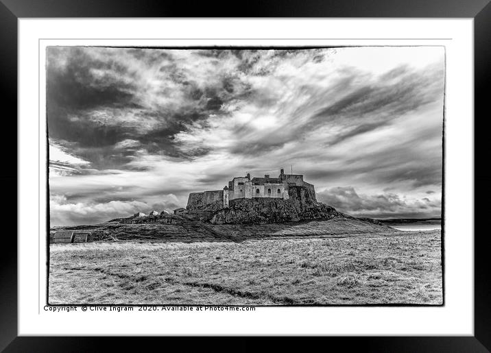Black and white of Lindisfarne Castle Framed Mounted Print by Clive Ingram