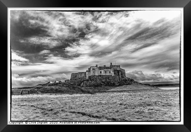 Black and white of Lindisfarne Castle Framed Print by Clive Ingram
