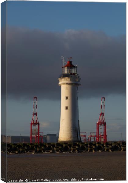 New Brighton Lighthouse and Liverpool Cranes Canvas Print by Liam Neon