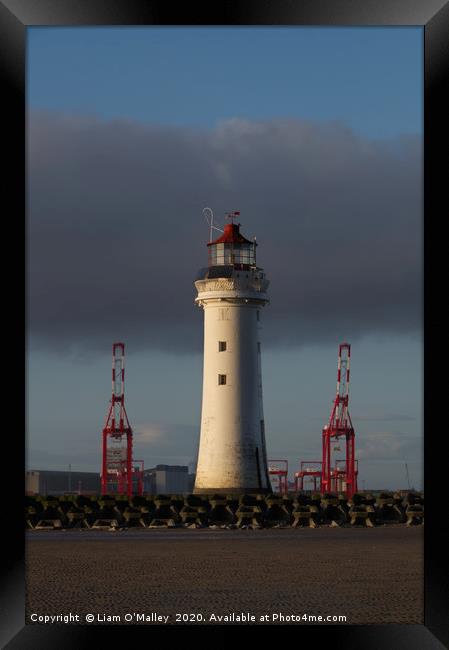 New Brighton Lighthouse and Liverpool Cranes Framed Print by Liam Neon