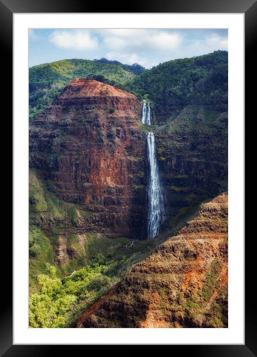 A Waterfall on the Na Pali Coast painterly Framed Mounted Print by Belinda Greb