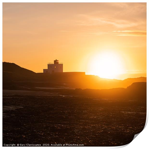 Falling Sun at the Lighthouse Print by Gary Clarricoates