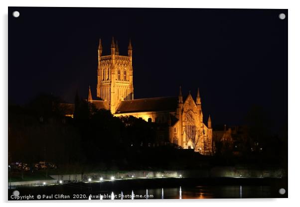 Worcester cathedral at night. Acrylic by Paul Clifton