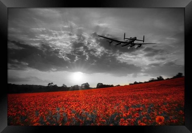Lancaster Bomber Sunset Return - Red Framed Print by J Biggadike