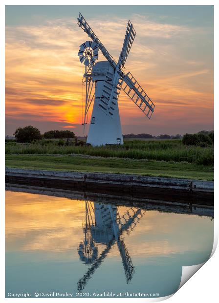 Sunset Reflections at Thurne Mill Print by David Powley