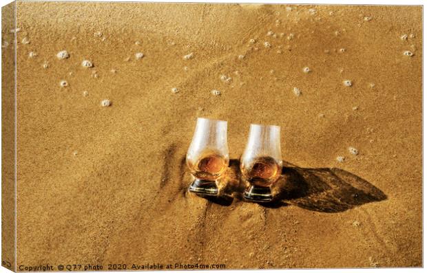 a glass of whiskey single malt on the sand washed  Canvas Print by Q77 photo