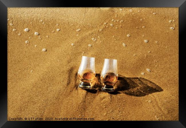 a glass of whiskey single malt on the sand washed  Framed Print by Q77 photo