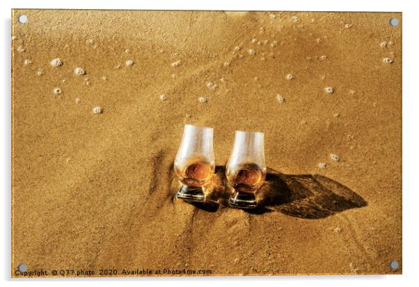 a glass of whiskey single malt on the sand washed  Acrylic by Q77 photo