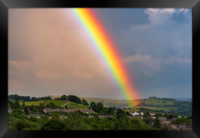 Rainbow over New Mills, Derbyshire Framed Print by John Finney