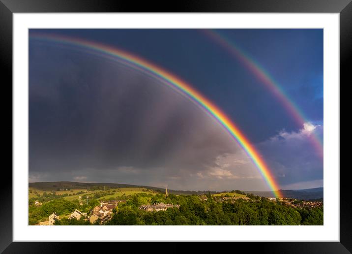 Double rainbow over St. George's Church, New Mills Framed Mounted Print by John Finney