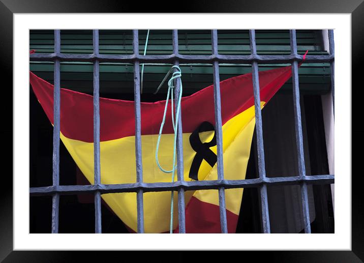 This is the Spanish flag with a black ribbon as a  Framed Mounted Print by Jose Manuel Espigares Garc