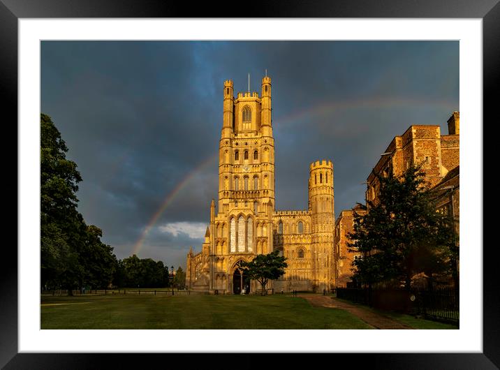 Rainbow behind ELy Cathedral, 15th June 2020 Framed Mounted Print by Andrew Sharpe