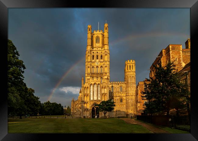 Rainbow behind ELy Cathedral, 15th June 2020 Framed Print by Andrew Sharpe