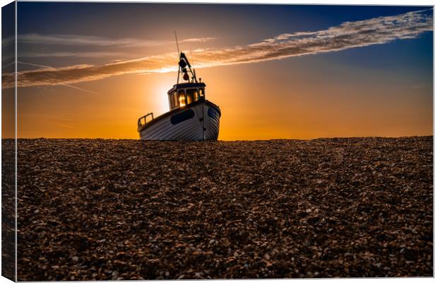Fishing Boat on the Beach at Dungerness at sunrise Canvas Print by Dave Collins