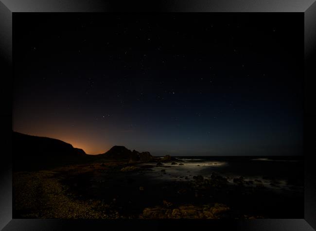 The Night Sky, Ballintoy Coastline on the The Caus Framed Print by Creative Photography Wales