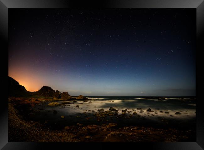 The Night Sky, Ballintoy Coastline on the The Caus Framed Print by Creative Photography Wales