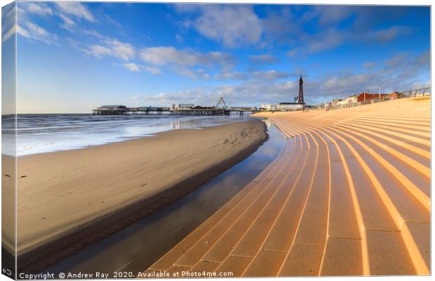 Towards the tower and central pier (Blackpool) Canvas Print by Andrew Ray