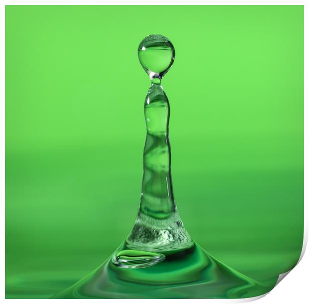 Water droplet landing in water on a green backgrou Print by Dave Collins