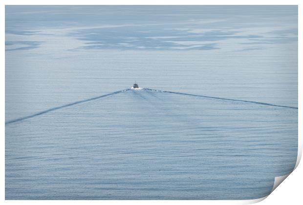 A small boat and its wake on a calm sea. Print by Dave Collins