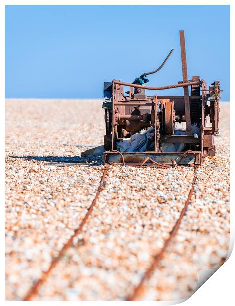 Disused Winch, Dungeness Beach, Kent, England Print by Dave Collins