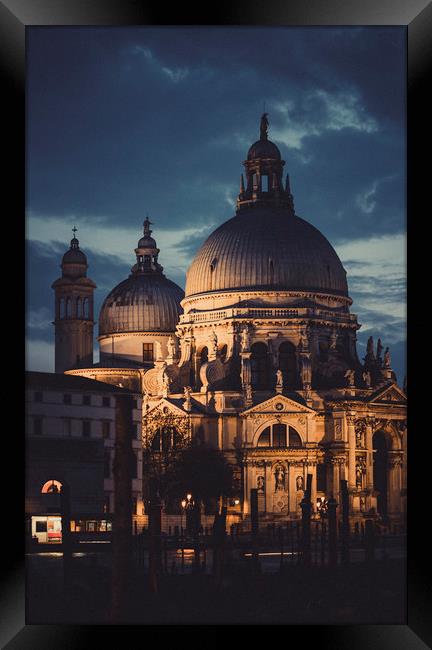 Santa Maria della Salute  at night in Venice Framed Print by Maggie McCall