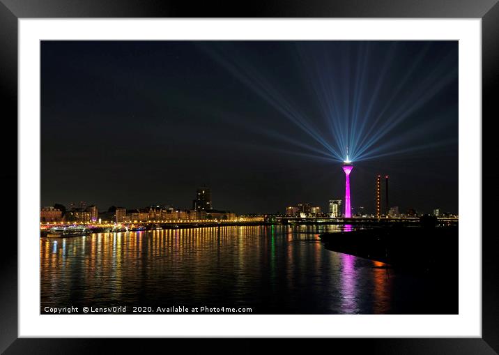 Light show from Düsseldorf's "Rheinturm" at night Framed Mounted Print by Lensw0rld 