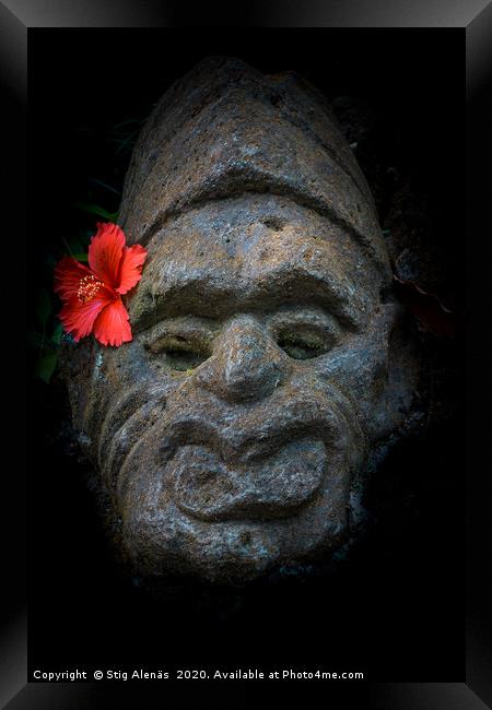 Balinesian stone face with a hibiscus flower Framed Print by Stig Alenäs
