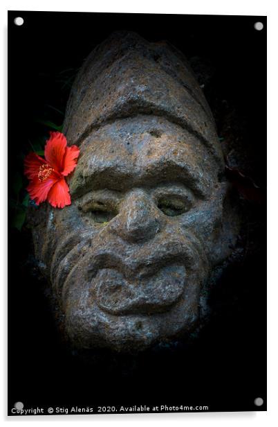 Balinesian stone face with a hibiscus flower Acrylic by Stig Alenäs